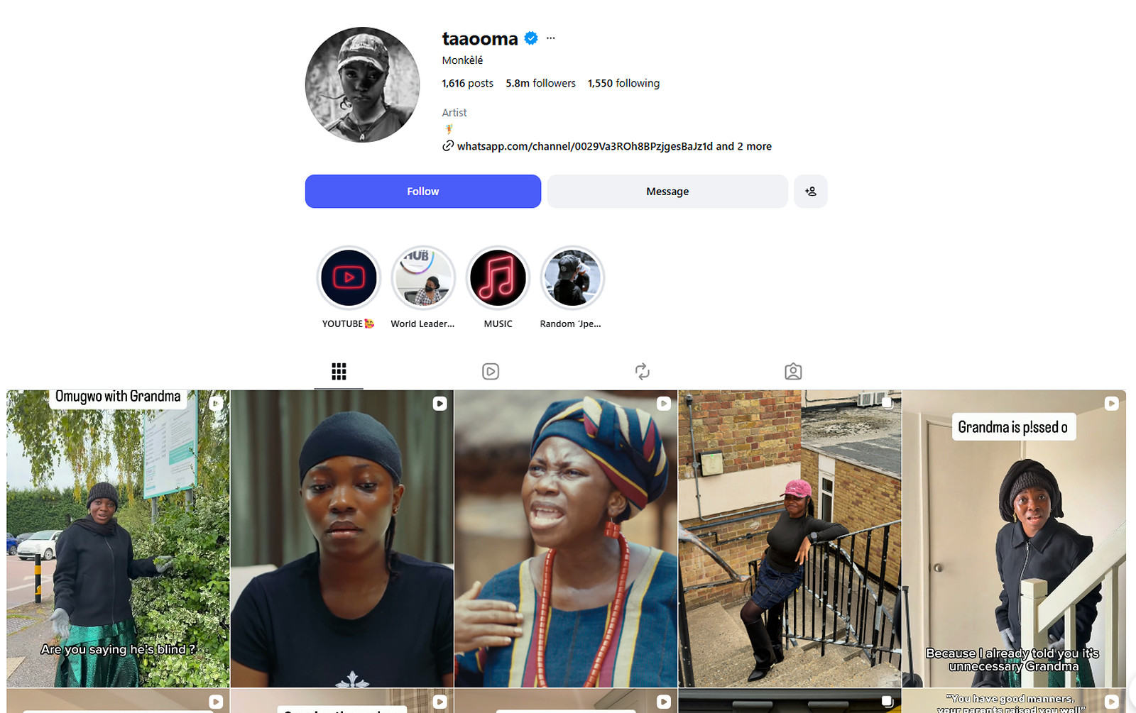 Taaooma Instagram profile @taaooma with 5.8 million followers