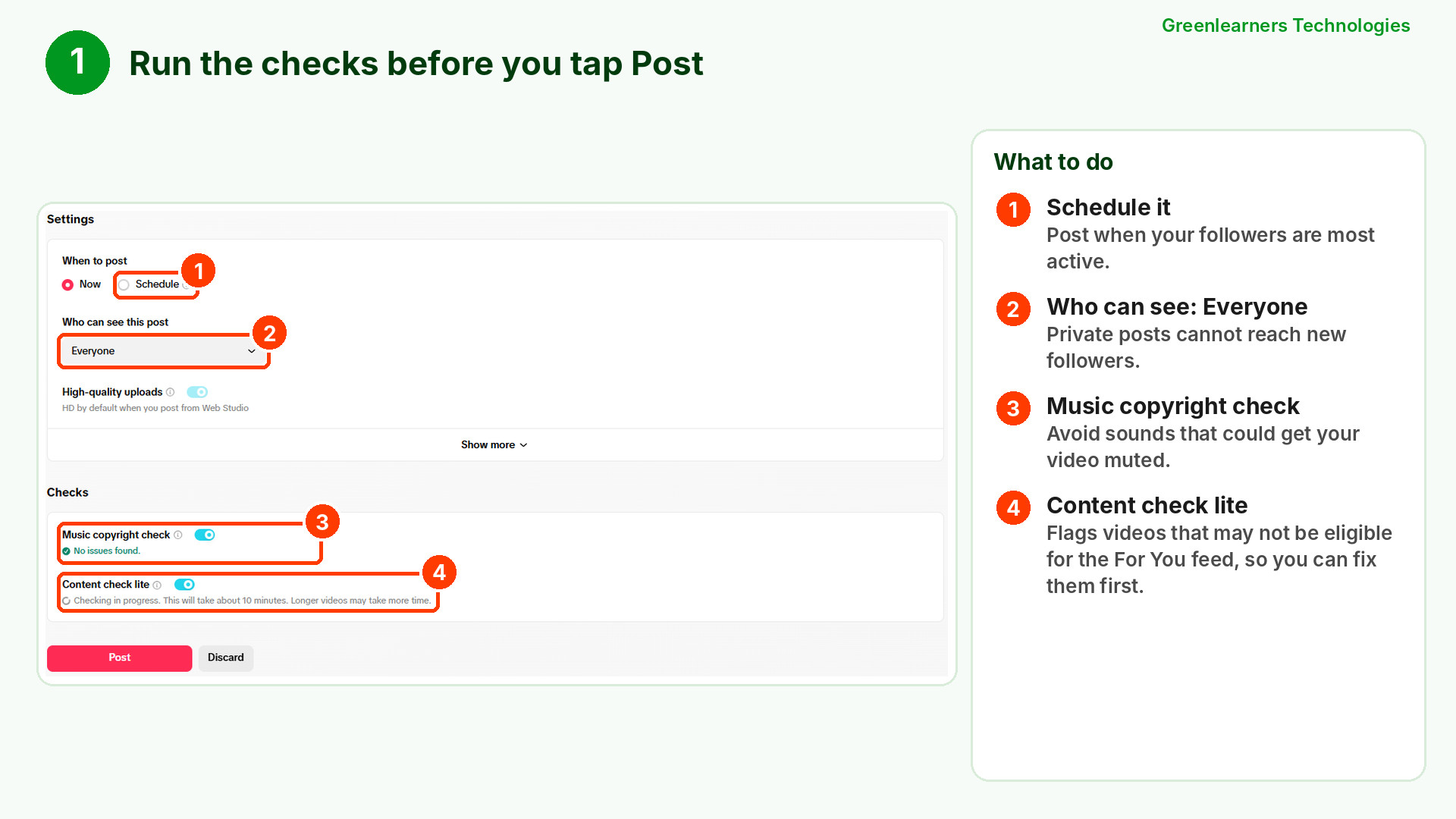 TikTok Studio post settings showing Schedule, Who can see this post set to Everyone, Music copyright check and Content check lite