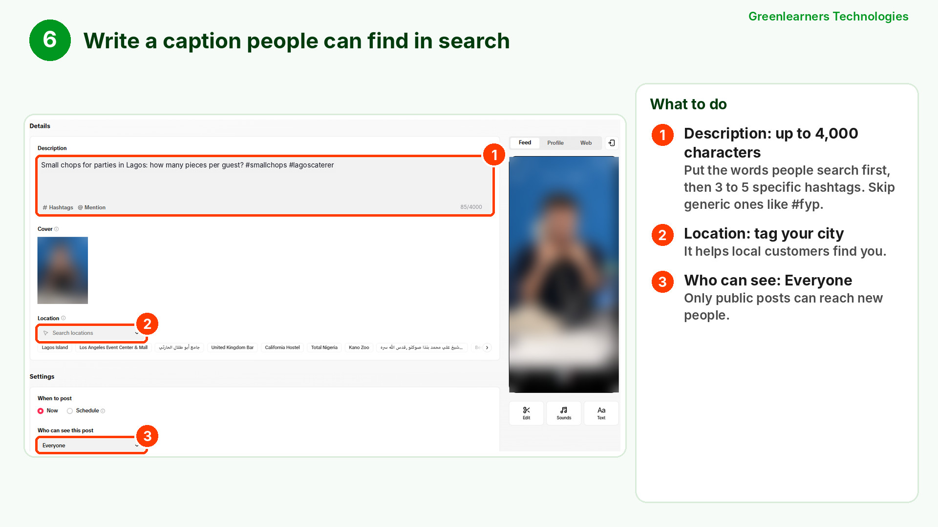 TikTok Studio post screen with a search-friendly description, location tags and Who can see this post set to Everyone