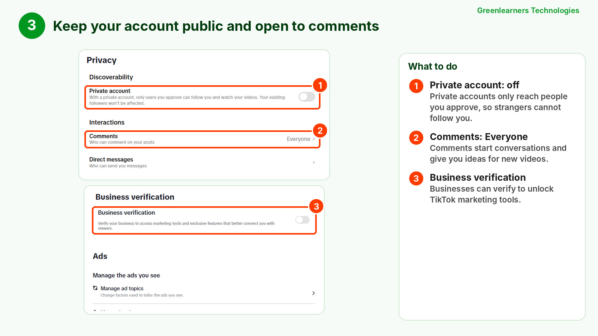TikTok settings showing the Private account switch turned off, comments open to everyone and Business verification