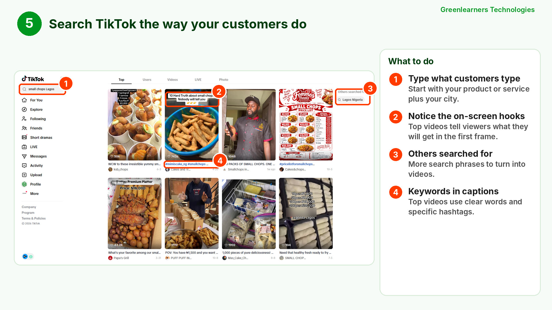 TikTok search results for small chops Lagos showing on-screen hooks, hashtags and Others searched for