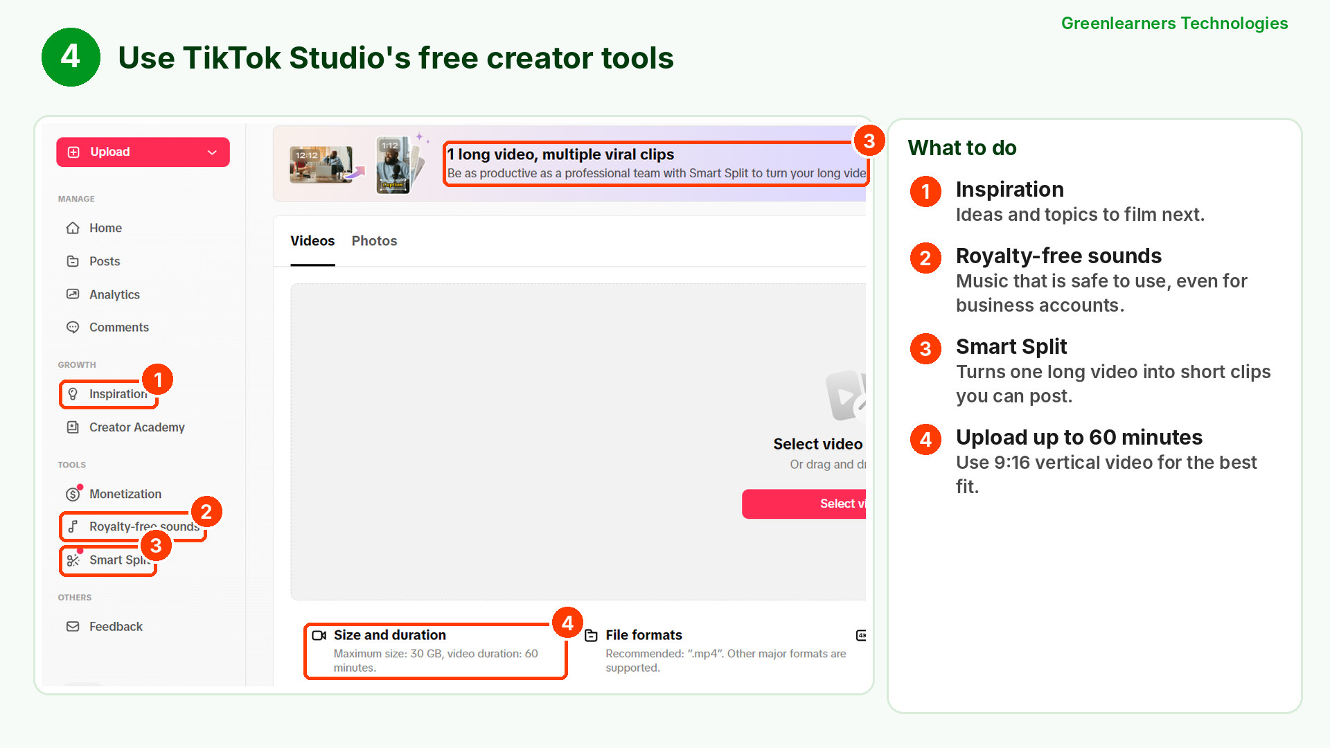 TikTok Studio showing Inspiration, Royalty-free sounds, Smart Split and the 60-minute upload limit