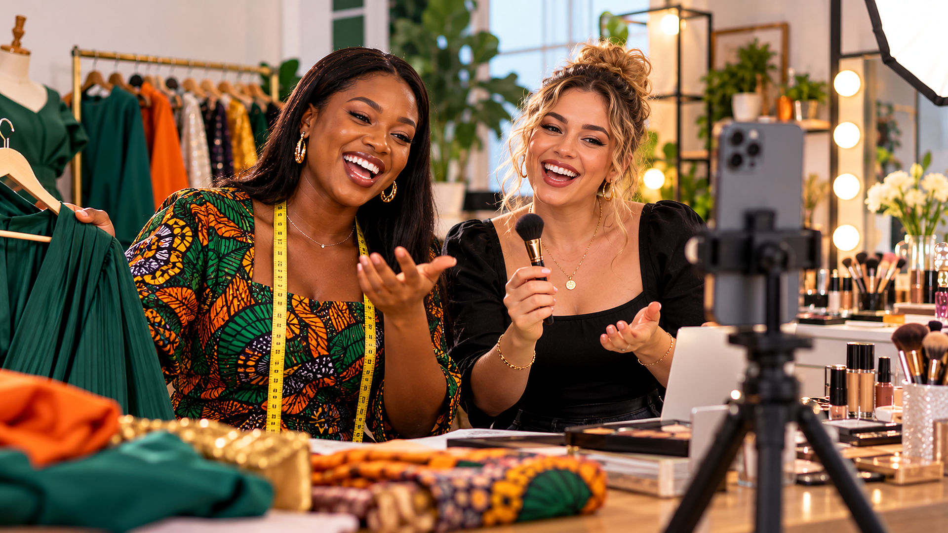 Two young entrepreneurs laughing while going live on TikTok together from a small studio