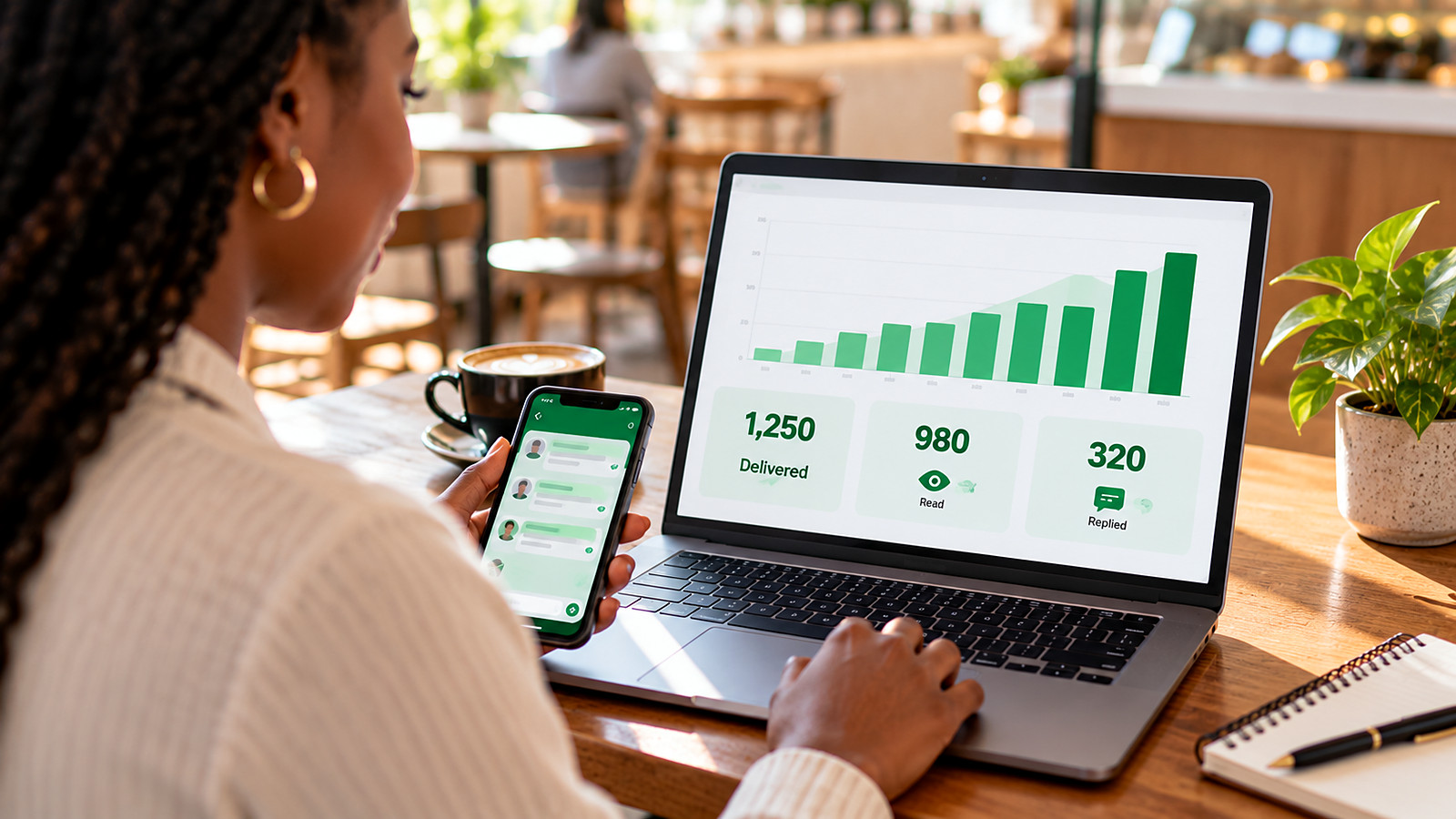 A business owner reviewing WhatsApp bulk campaign results showing delivered, read and replied numbers