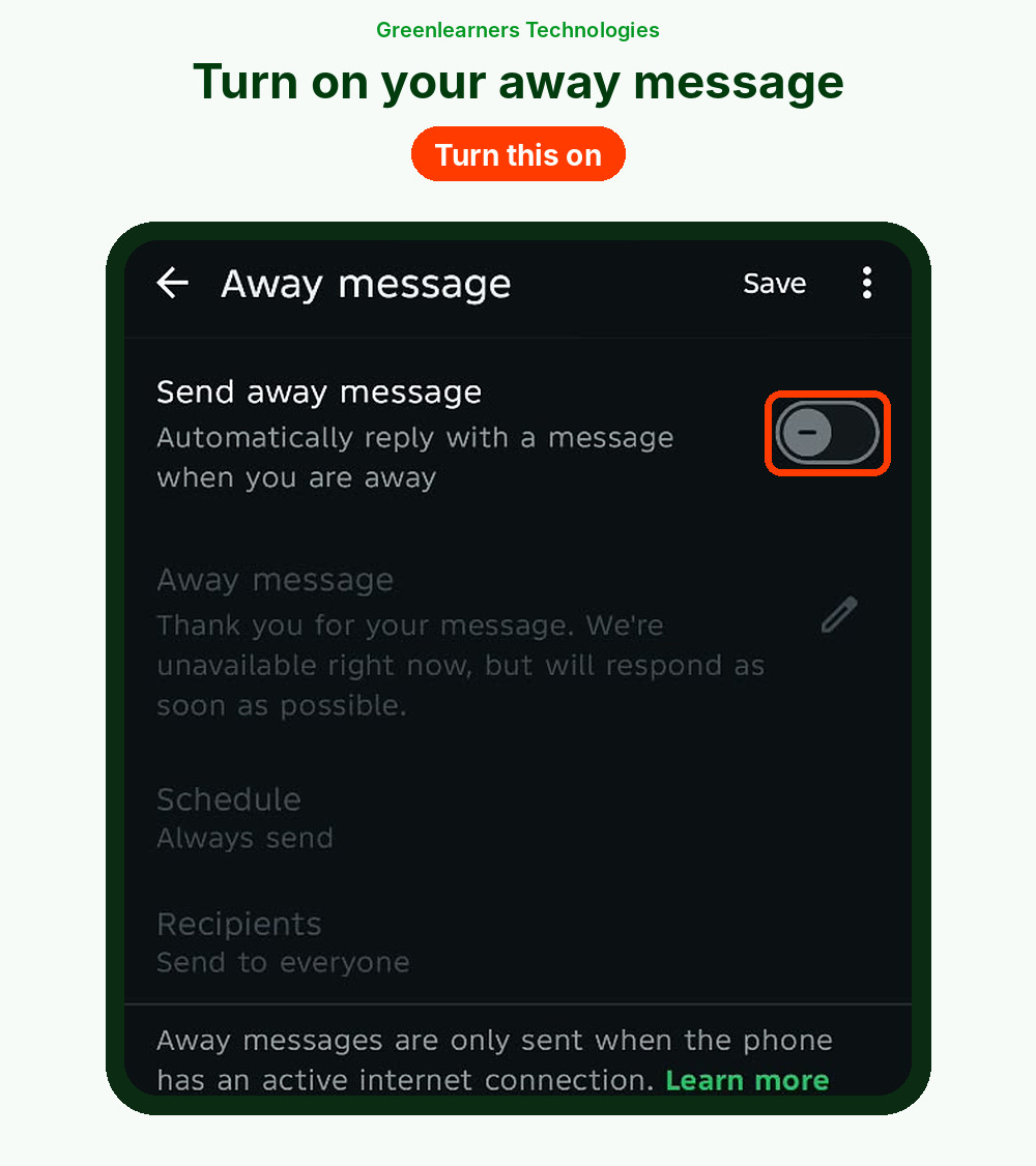 WhatsApp Business away message settings with schedule and recipients options