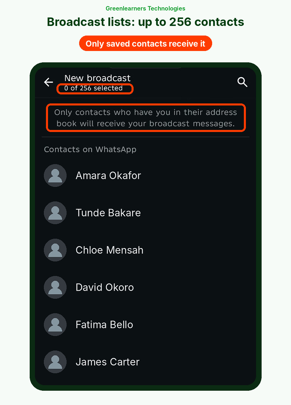 WhatsApp Business app broadcast screen showing 0 of 256 selected and the note that only contacts who saved your number receive broadcasts