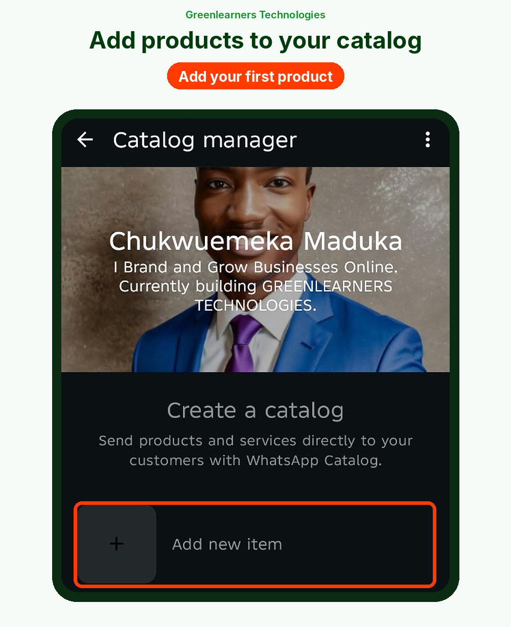 WhatsApp Business catalog manager with the Add new item option