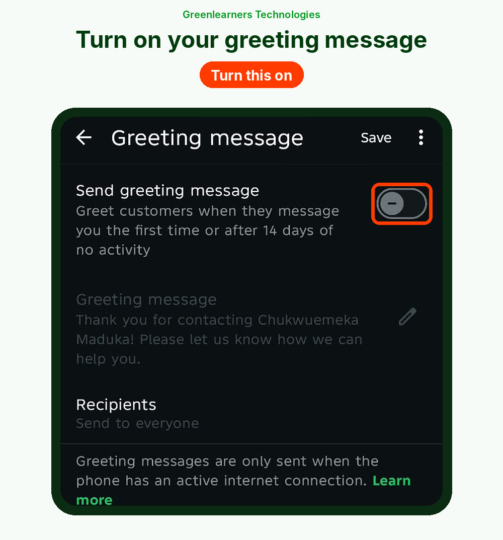 WhatsApp Business greeting message settings with the switch to turn it on