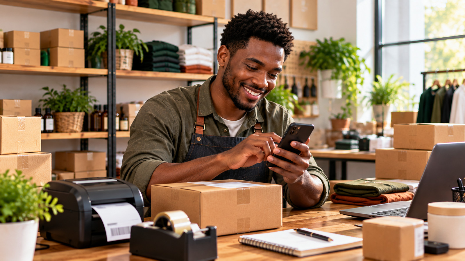 A small business owner packing orders while replying to a customer on WhatsApp Business
