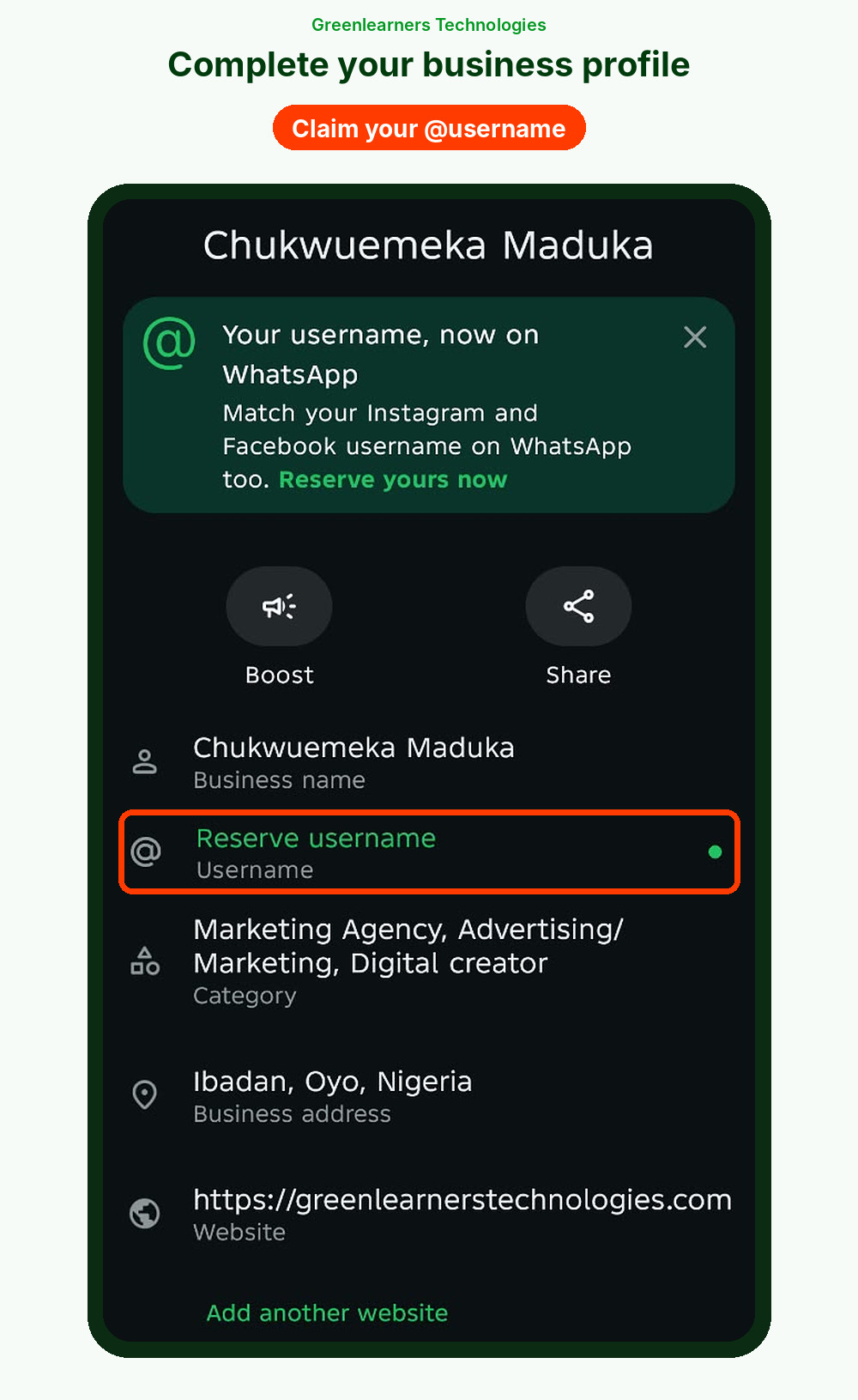 WhatsApp Business profile screen showing business name, username reservation, category, address and website
