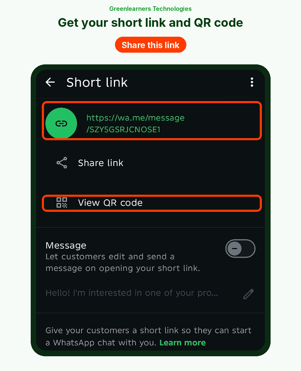 WhatsApp Business short link screen with Share link and View QR code options
