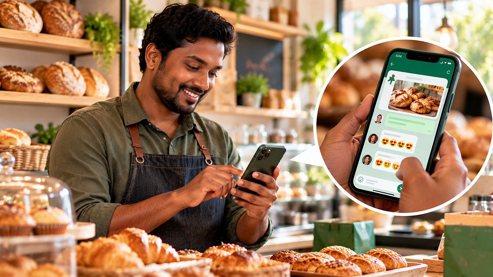 A bakery owner posting a new bread announcement to his WhatsApp Community, with customers reacting