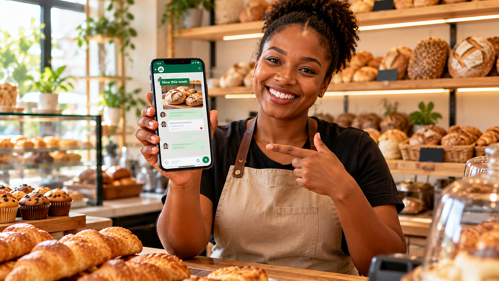 A bakery owner showing a New this week announcement she shared with her WhatsApp Community