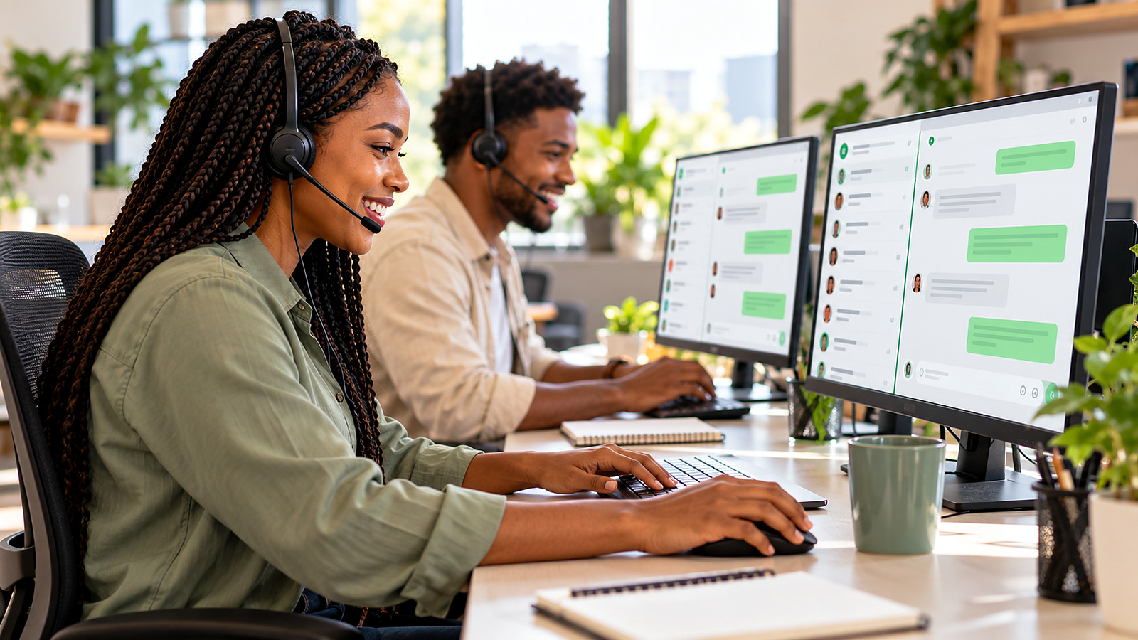 Two customer support agents with headsets replying to WhatsApp chats on large screens