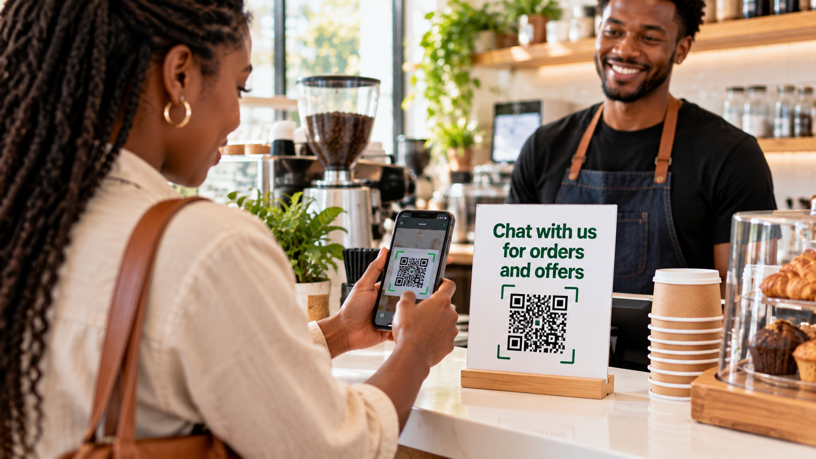 A customer scanning a QR code at a cafe counter to start a WhatsApp chat for orders and offers