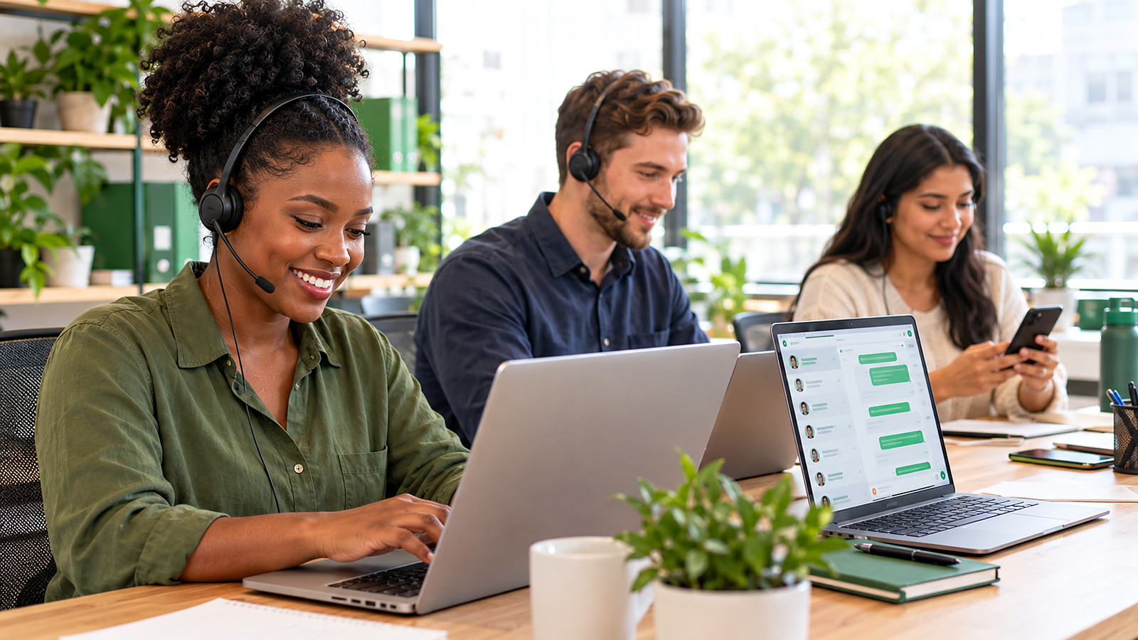 A small, diverse team answering customer replies from a WhatsApp bulk campaign in a shared team inbox